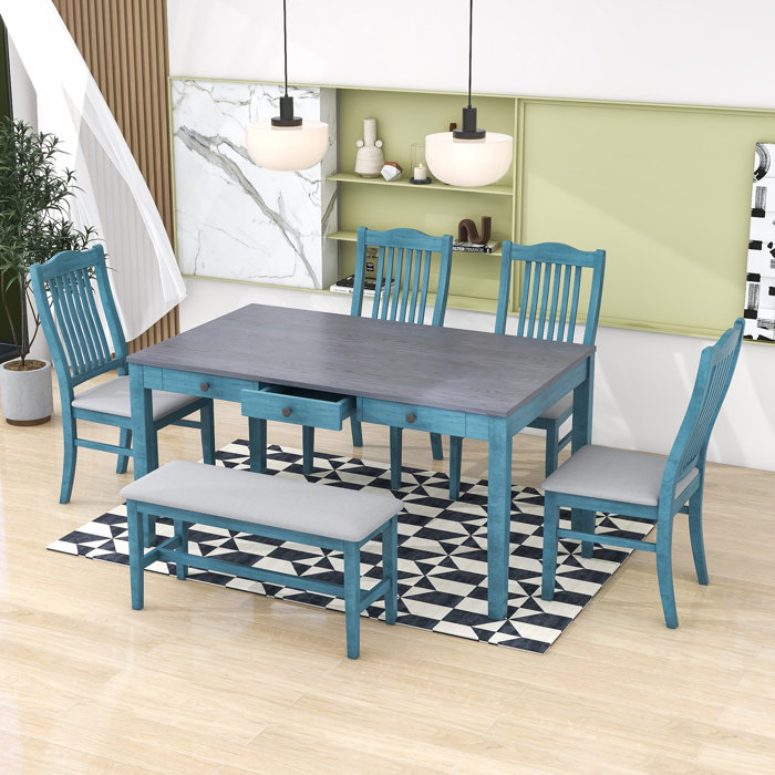 Rosalind Wheeler Botek 6 Piece Dining Set, Kitchen Table Set with Drawers, Upholstered Chairs